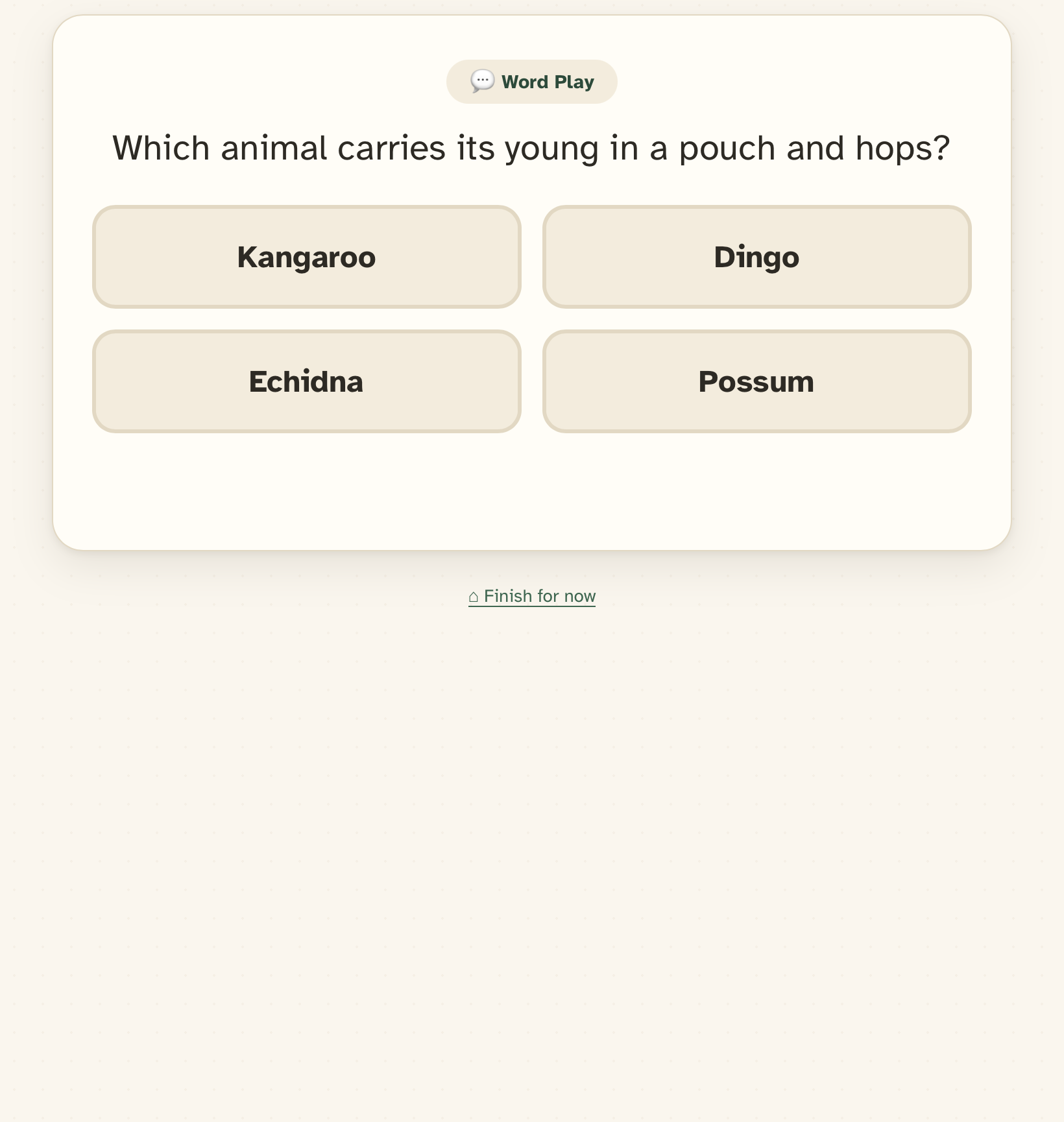 A fun question in a resident session: 'Which animal carries its young in a pouch and hops?', with four large answer buttons.