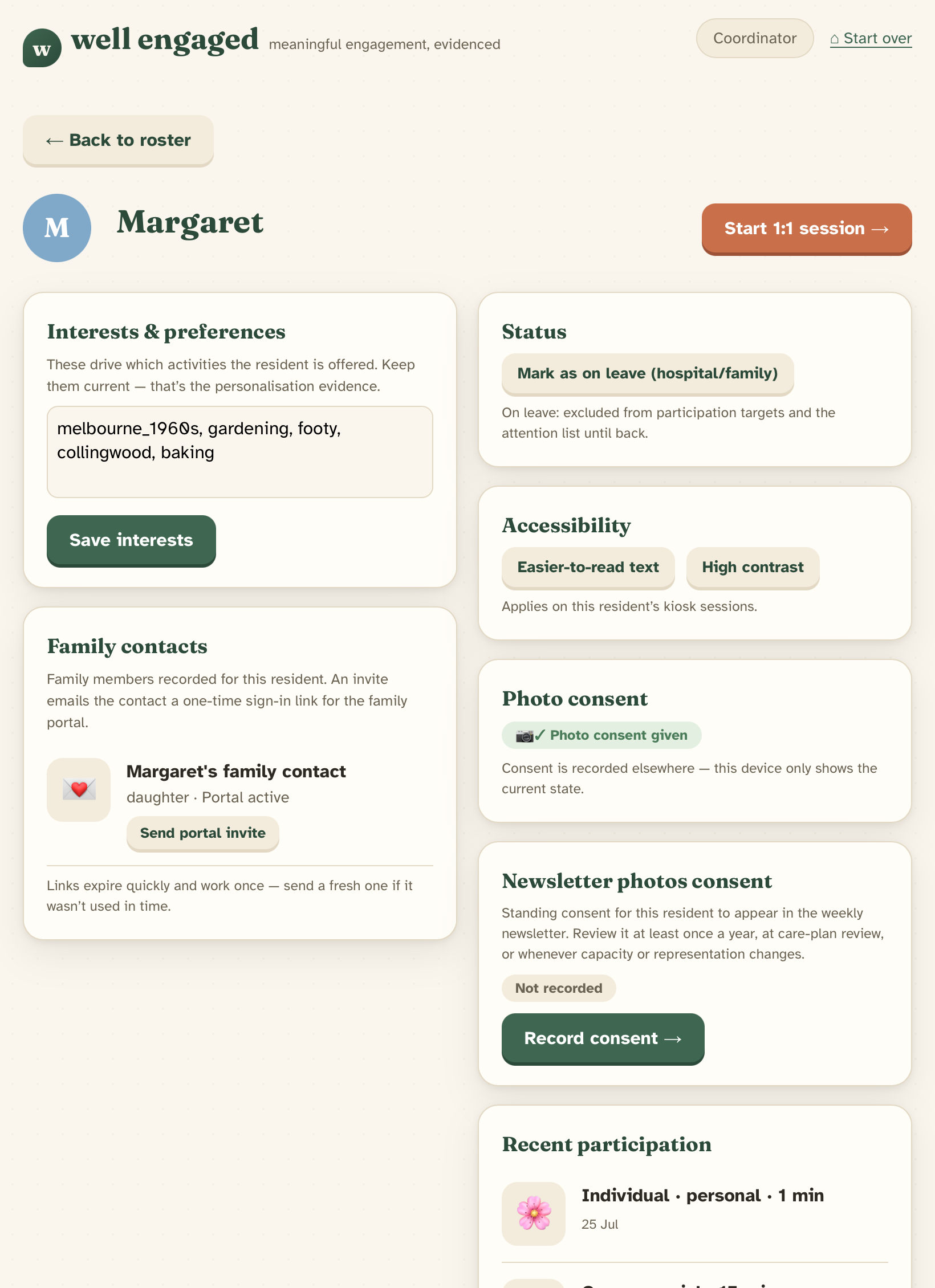 A resident profile: interests and preferences, family contacts with portal invites, accessibility options and photo consent state.