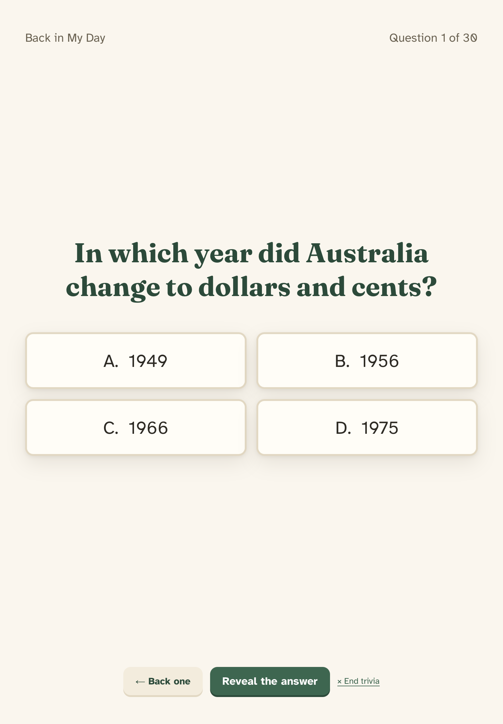 Big-screen trivia: a full-screen question, 'In which year did Australia change to dollars and cents?', with four large answer options below.