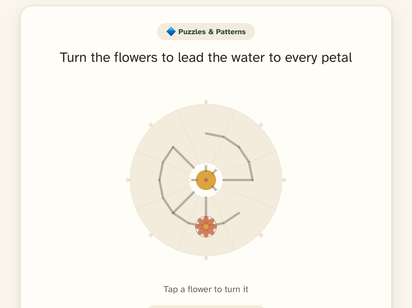 A visual puzzle in a resident session: 'Turn the flowers to lead the water to every petal', with a tappable flower wheel.